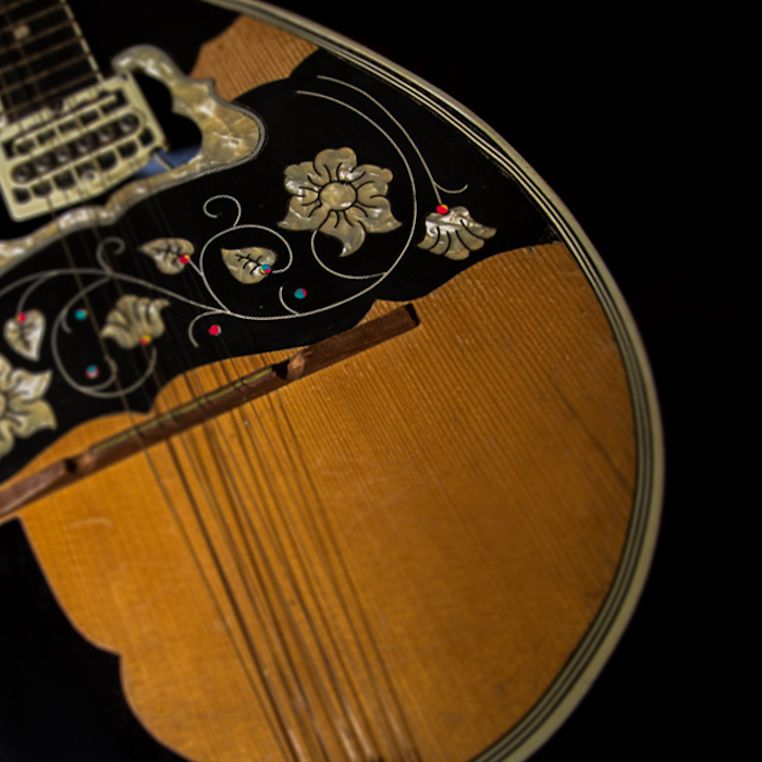 Study of of a bazouki musical instrument with mother of pearl inlay